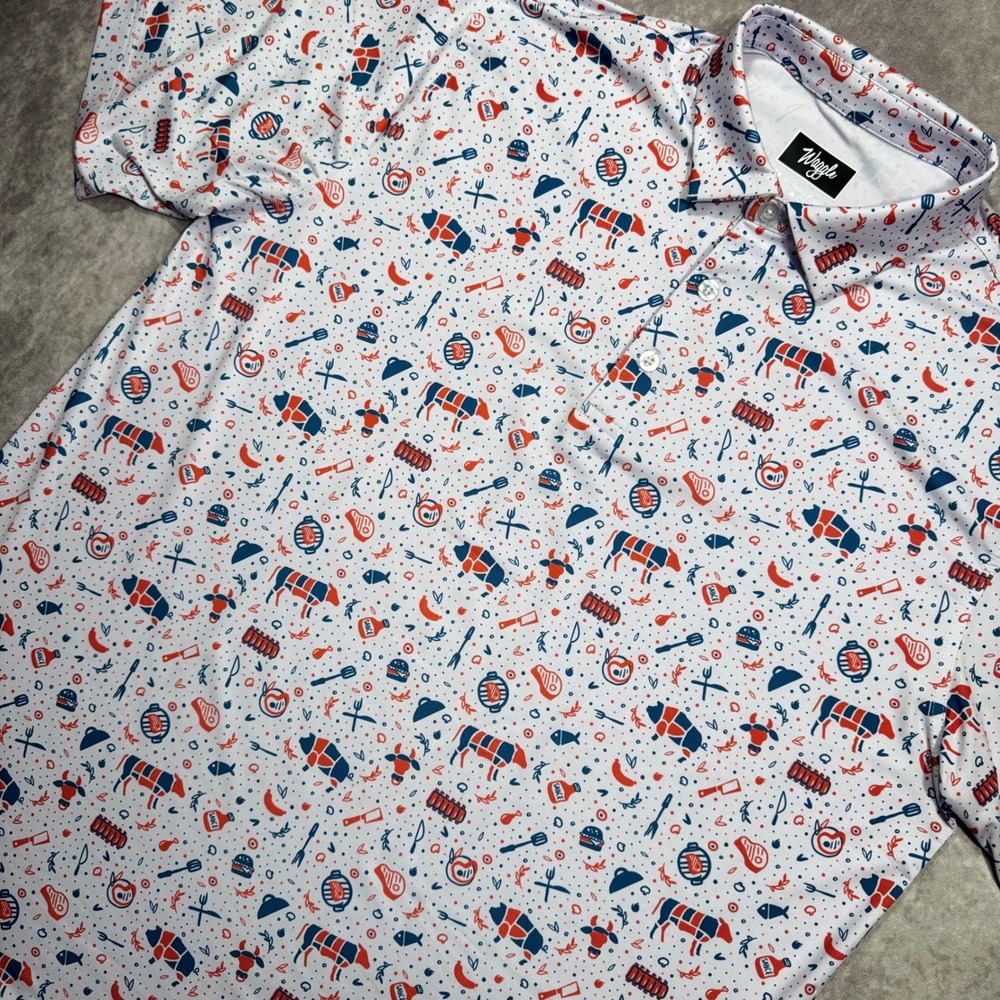 Waggle Golf Polo Shirt Mens XL White BBQ Grill Print Performance Stretch